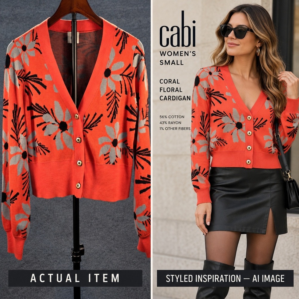 CAbi Bloom Cardigan Orange Floral Knit Puff Sleeve Sweater Small Boho Cottage